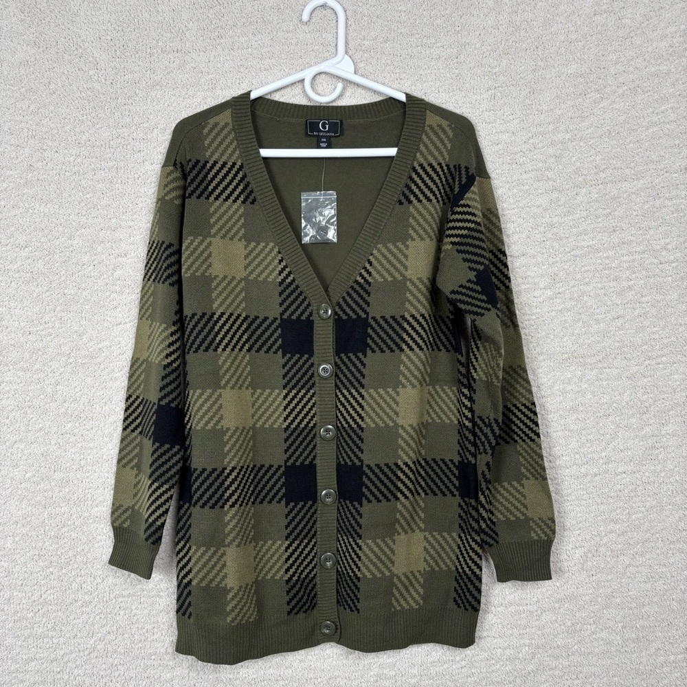 G by Giuliana Sweater Womens XXS Green Plaid Oversized Button Front Cardigan